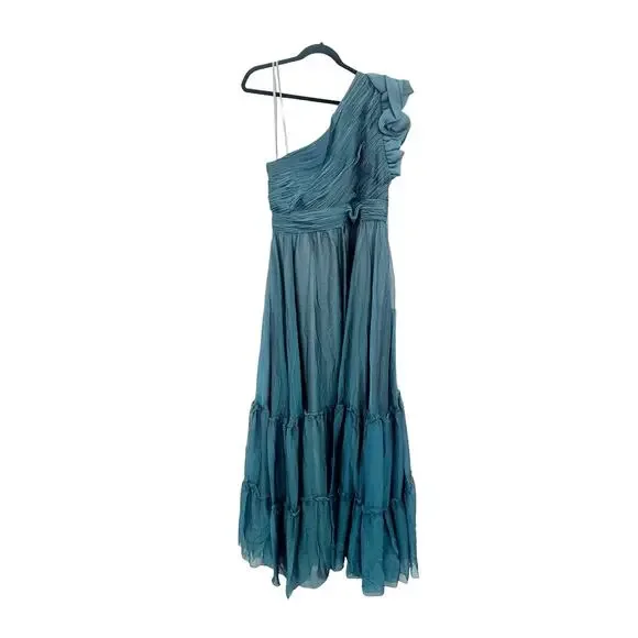 Mac Duggal One-Shoulder Tiered Chiffon Gown Fusion Blue Size 16 NWT